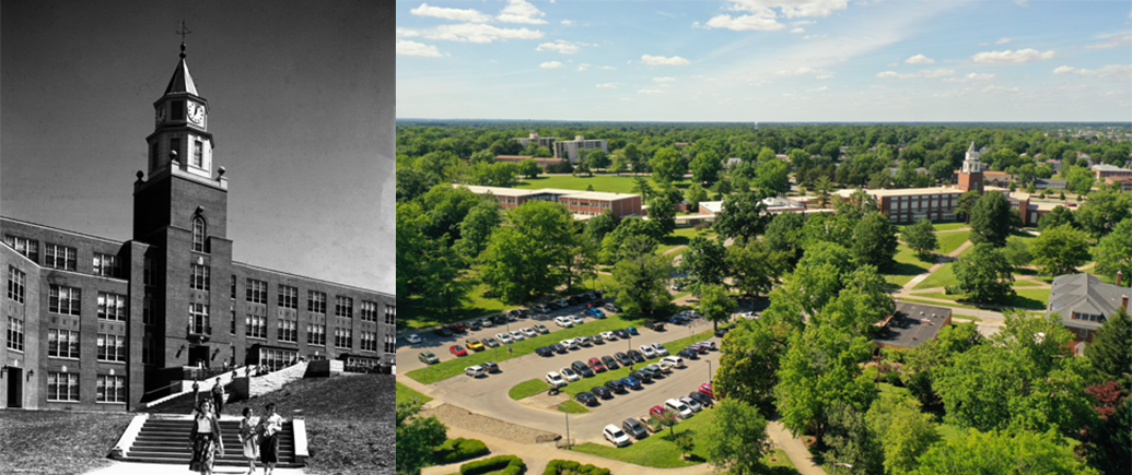A black and white image of Pulliam Hall and ariel view of Wham Educational Building.