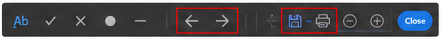A dark gray software toolbar featuring various icons including text addition, checkmark, cross, dot, line, left and right navigation arrows outlined in a red box, a save floppy disk and print icon also outlined in a red box, zoom controls, and a blue Close button.