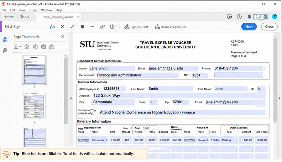 A screenshot of a Southern Illinois University Travel Expense Voucher form being edited in Adobe Acrobat Pro's 'Fill & Sign' mode. The form contains sample contact and traveler information in blue boxes. A tip banner at the bottom reads: 'Tip: Blue fields are fillable. Total fields will calculate automatically.