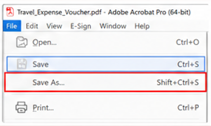 A screenshot of the File dropdown menu in Adobe Acrobat Pro for a PDF titled 'Travel_Expense_Voucher.pdf'. The menu lists Open, Save, Save As, and Print. A prominent red box highlights 'Save As...' and its keyboard shortcut, Shift+Ctrl+S. 