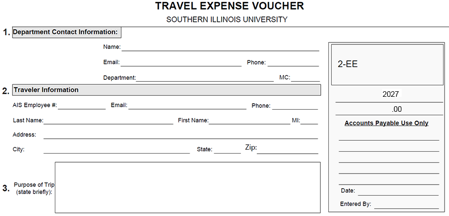 Southern Illinois University Travel Expense Voucher form. The form includes sections for Department Contact Information, Traveler Information, Purpose of Trip, and an Accounts Payable Use Only area with a 