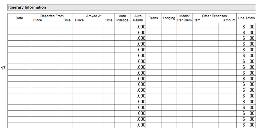 Blank travel expense report table titled 
