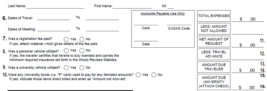 Screenshot of Section 6–16 of a Southern Illinois University Travel Expense Voucher form. The form includes fields for the traveler's last name, first name, and middle initial; travel dates and meeting dates; Yes/No questions asking whether a registration fee was paid, a personal vehicle was used, a university vehicle was used, and whether university funds (such as a P-card) were used for itemized expenses. On the right is an 
